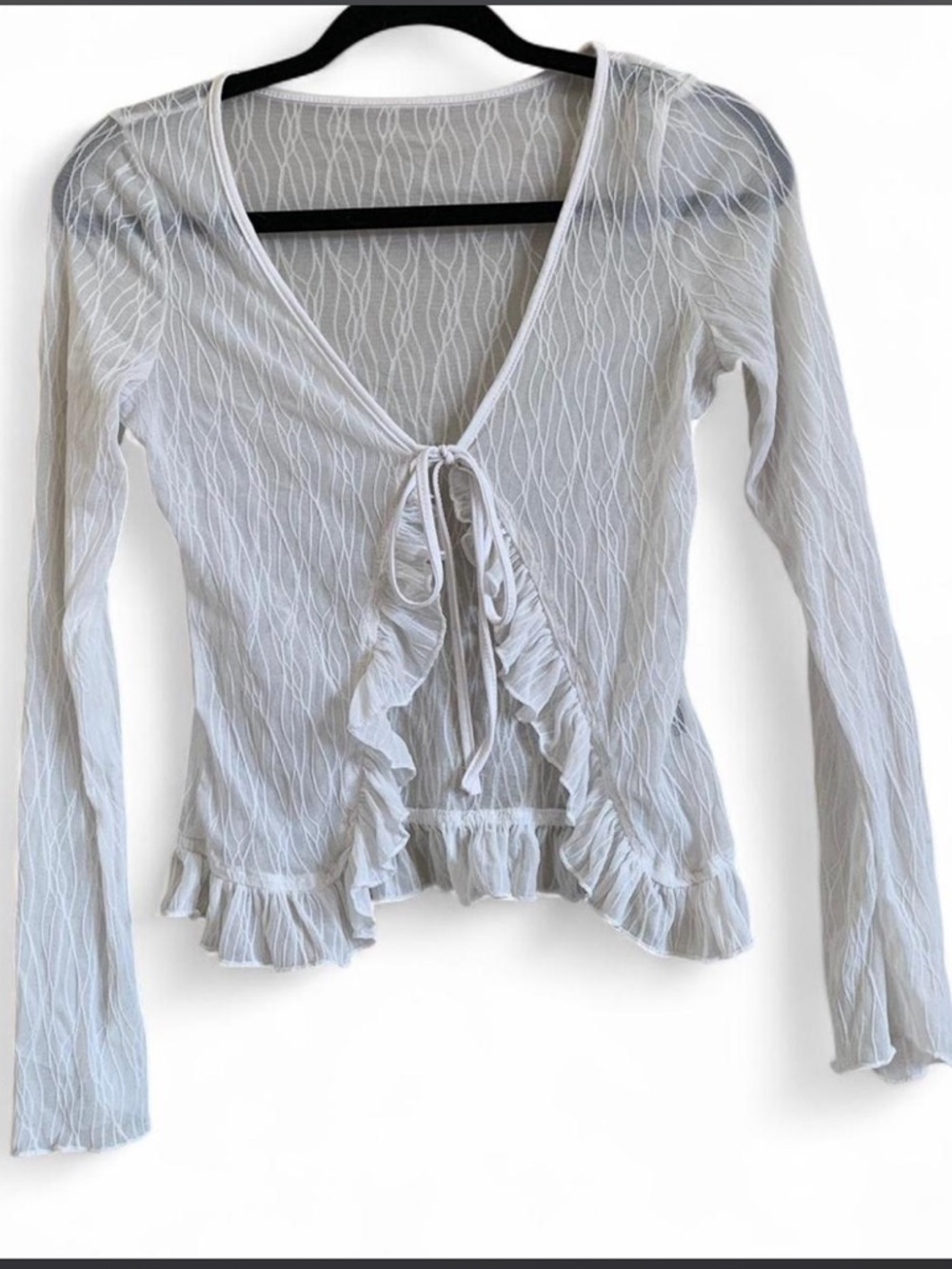 Sheer White Ruffle Tie-Front Cardigan Size XSmall